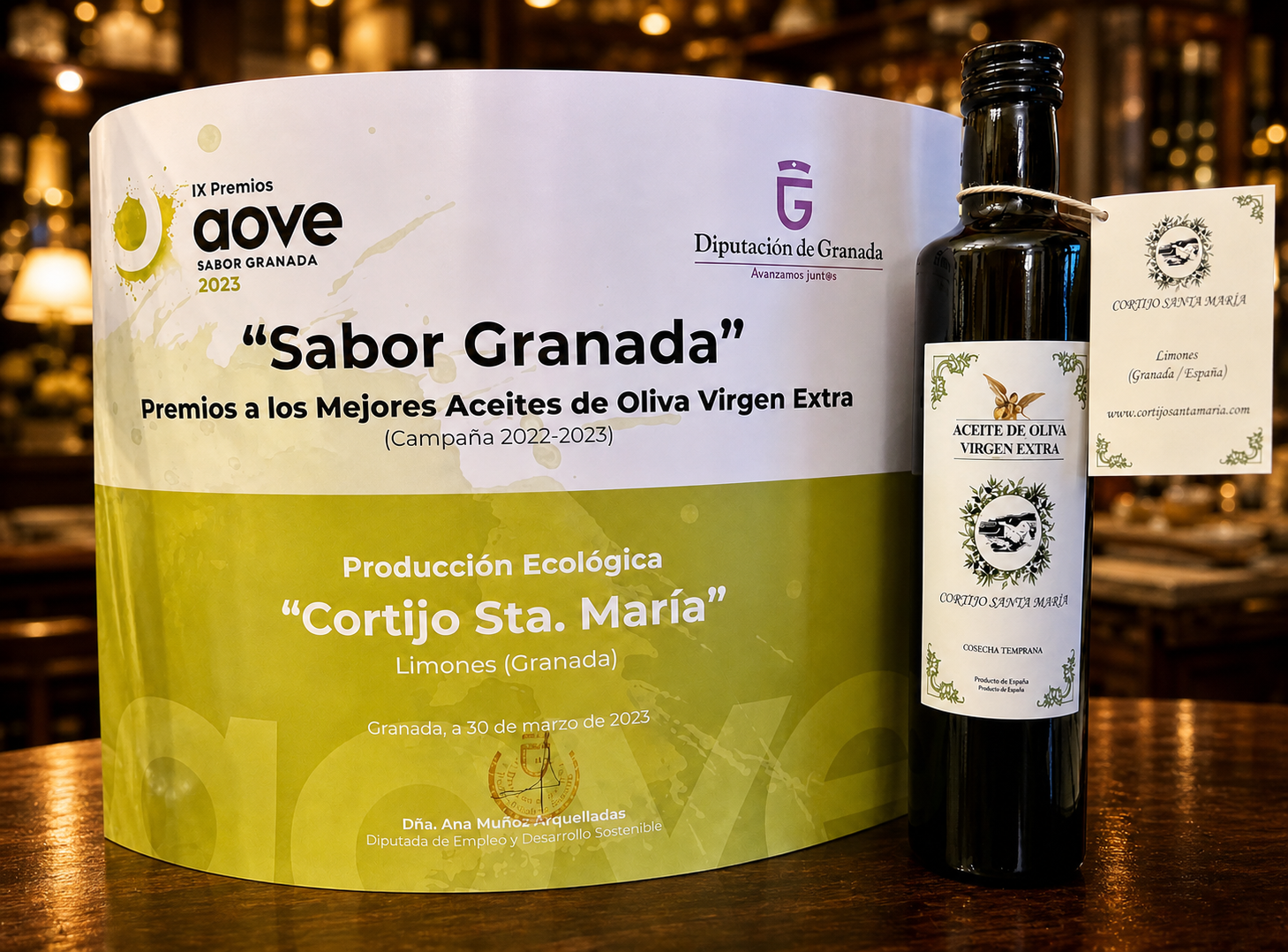 Sabor Granada 2023 award certificate presented to Cortijo de Santa María as best organic EVOO